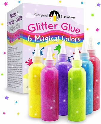 Juliana Slime and Craft Color Glue. (Purple/Pink/Blue/yellow/green/red, Pack of 6 Bottles, 100 ml Each) + 1 Bottle Slime Activator Liquid Plus Clear (100 ml). Make 50+ Slimes