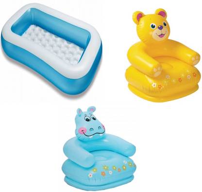 DINAARKAN COMBO OF 5 FEET BATH TUB AND 2.5 FEET INFLATABLE HIPPO AND TEDDY CHAIR