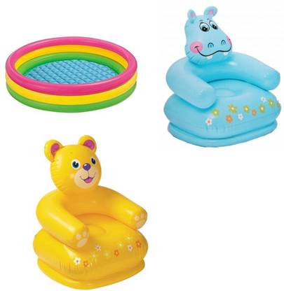 DINAARKAN COMBO OF 3 FEET BATH TUB AND 2.5 FEET INFLATABLE HIPPO AND TEDDY CHAIR