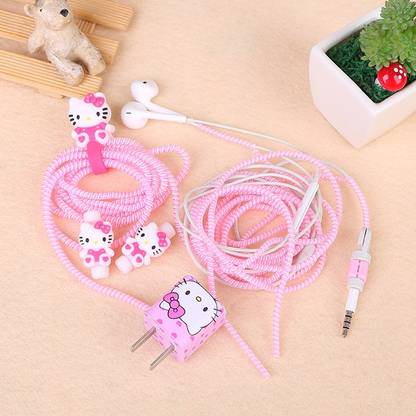 Epaal 8-in-1 Kitty Pink Spiral USB and Earphone Cable Protectors Winder, Sticker, Clips, Organizer Clip Earphone Cable Organizer