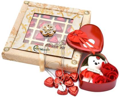 NUTRI MIRACLE Valentine Hamper Swiss Style Heart Shape 16 Pieces Handmade Chocolate Box And Heart Shape Box With Rose And Teddy And Silver Platted Chain With Valentine Pendant Combo
