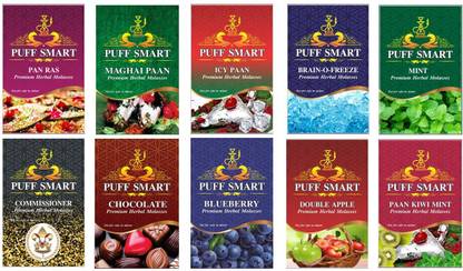 Puff Smart PUFF SMART Premium Herbal PAN RAS, MAGHAI PAAN, MINT, COMMISSIONER, ICY PAAN , CHOCOLATE, BLUEBERRY, DOUBLE APPLE, BRAIN-O-FREEZE,, PAAN KIWI MINT (500 g, Pack of 10) PAN RAS, MAGHAI PAAN, MINT, COMMISSIONER, BRAIN-O-FREEZE, ICY PAAN , CHOCOLATE, BLUEBERRY, DOUBLE APPLE, PAAN KIWI MINT Hookah Flavor