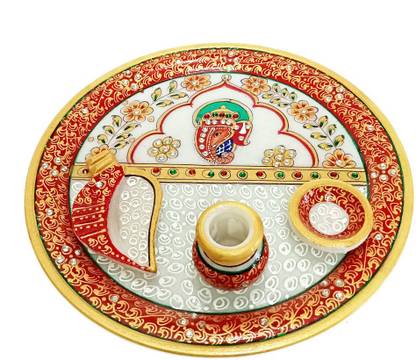 Handicraft Kingdom Marble Puja Thali For Aarti| Designer Decorative Round Shape Home Décor Pooja Plate Set For Office Marble