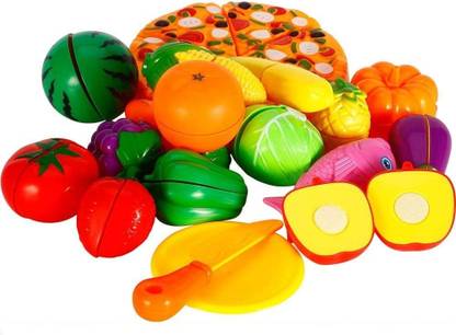 ALLAMWAR Pretend Food Playset, Plastic Kitchen Cutting Fruits and Vegetables Set with Pizza Play Food Set for Educational Early Age Puzzle Development Learning Toy