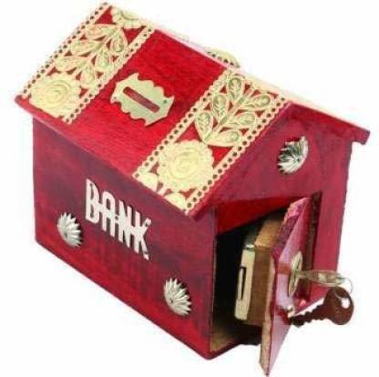 Smarts collection Wooden red colour hut shape coin bank with 1 lock and 2 keys Coin Bank Coin Bank