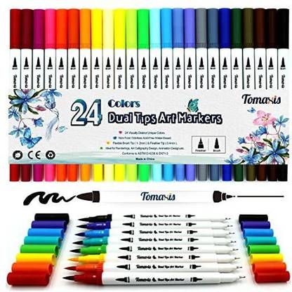 Tomaxis 24pcs Watercolor Brush Art Marker, 0.4-2mm Coloring Pens Dual Tip Fineliner Felt Tip Water Color Drawing Bullet Journaling Paintbrush Highlighters