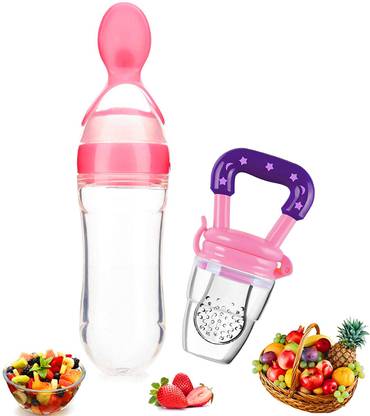 PIKIPOO Presents Baby safe Silicone squeeze Fresh Food Feeder Bottle with Food Dispensing Spoon, Infant Food Nibbler Teething Toy Feeding Pacifier, Combo Pack of 2 Teether and Feeder