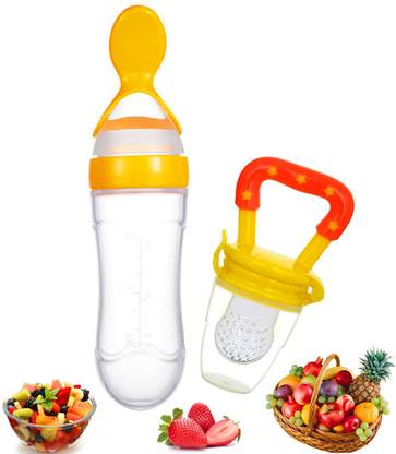 PIKIPOO Presents Baby safe Silicone squeeze Fresh Food Feeder Bottle with Food Dispensing Spoon, Infant Food Nibbler Teething Toy Feeding Pacifier, Combo Pack of 2 Teether and Feeder