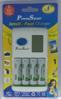 Power Smart PS 327 AA-AAA NiCd-NiMH 1 Hour LCD Fast Auto Cut Off Charger With Mobile Usb Charging Option With 2500 mAh 4 Cells Ready To Use Battery Camera Battery Charger  Camera Battery Charger
