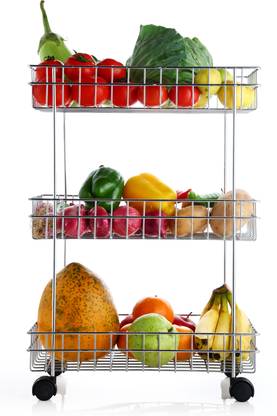 SPEACK Woman's First Choice Premium Quality Stainless Steel 3 Layer Space Saving Multi Purpose Revolving Vegetable And Fruit Trolley / Rack Organizer For Fruit / vegetable / Garlic / Onion / Potato / Container / Basket / Organizer Holder Stainless Steel Kitchen Trolley