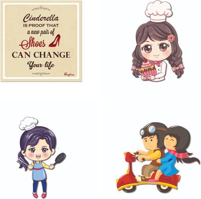 Bhai Please Baker, Female (Chef), Couple Riding and Cinderella Change Life Wooden Fridge Magnet Fridge Magnet Pack of 4