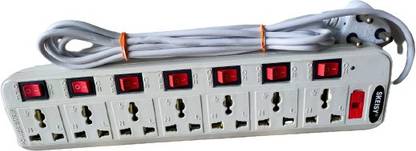 Skeisy 7 Universal Socket Extension board With7 switch power OFF/ON Switch with 4yard wire one led white 7 Socket Extension Boards
