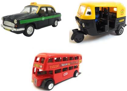 The Game Begins Combo Toys of Double Decker Bus, Car and Auto| Pull back action Toys| Set of 3 Toys