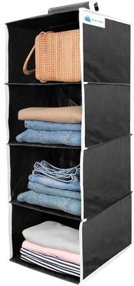 Unicrafts Hanging Organizer 4 Shelves Non Woven Foldable Wardrobe/Closet Organizer Collapsible Wardrobe for Regular Garments Shoes Storage Cupboard Hanger Bag - Black_01 Closet Organizer