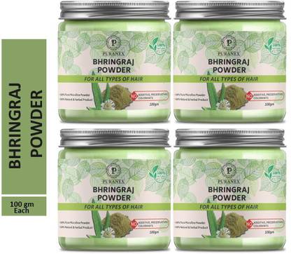 puranex 100% Natural & Pure Bhringraj Powder For Natural Texture,Prevent Hair Loss, Reduce Spilt Ends, Strong, Shiny & Dandruff Free Scalp & Hair 400 GM (Pack of 4) 100 GM Each