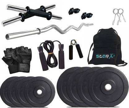STARX 32 kg Pure Rubber weight Plates with 3ft Curl Rod and Accessories Home Gym Combo