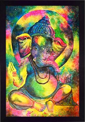 Ritwika's Abstract Wall Art Of Ganesh Ji Colorful Outline and Background With Frame for Home and Office Decor Digital Reprint 13.5 inch x 9.5 inch Painting