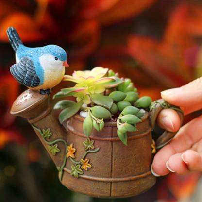APSGREEN Resin Mini Watering Can with Cute Bird Resin Flower Pot Plant Container Set