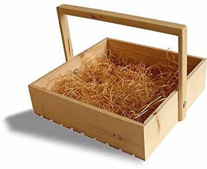 Decort Wooden DECORT Pine Wood Decorative Gifting Basket with Wooden Handle and Dried Grass - 10 in x 10 in x 2.5 in - Fancy Handmade Square Basket ideal for Gifting or Storing Toys & Fruits Storage Basket