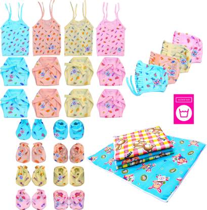 V.B.K Baby Boy and Baby Girl Combo Pack Of Jhabla (4 Piece), Nappy (Langot) (8 Piece), Hand Mittens (4 Pair), Leg Booties (4 Pair), Cap (4 Piece) and Waterproof Multipurpose Bed Protector/Diaper Changing Sheets (3 Piece), Hosiery Soft Cloth Fabric, Total Pack Of 23 Items, 0 to 3 Months