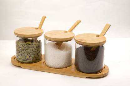 SAGAR Glass, Wooden Grocery Container  - 200 ml