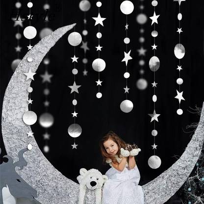 Hippity Hop Silver Mirror Silver Party Decoration Circle Dot Star Garland Banner Bright Paper Streamer Hanging Decorations Glitter Star Bunting Banner Backdrop for Engagement Wedding Baby Shower