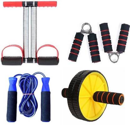 PRODEALS HOME GYM WORKOUT SET OF DOUBLE SPRING TUMMY TRIMMER WITH AB WHEEL WITH SKIPPING ROPE AND 2 PC FOAM HAND GRIP Fitness Accessory Kit Kit