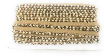 Inhika 9 Meters Lace Border Material, Gold White Embroidered Pearl, Cotton Mix Fabric (1 inches Wide, Gold White) for saree dupatta lehenga blouse Lace Reel