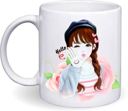 Ridhi Sidhi Design Lovely Girl Say Hello Printed Coffee Cup-11Oz Milk Cup, Coffee Cup Gift for Girls, Wife, Mom, Girlfriend Ceramic Coffee (350 ml) Ceramic Coffee Mug