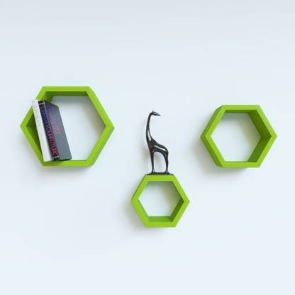 eCraftIndia Set of 3 Hexagonal Nested Blocks Wooden Multiutility Wall Shelf (Green) वुडेन वॉल शेल्फ