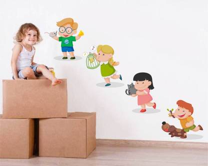 rawpockets 1 Wall Decals ' Kids Room : Kids Playing with Animals ' Wall stickers (PVC Vinyl) Multicolour Self Adhesive Sticker