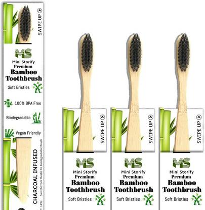 Mini Storify set of 3 Bamboo Toothbrush with Charcoal Activated Soft Bristles - Adult Pack Ultra Soft Toothbrush