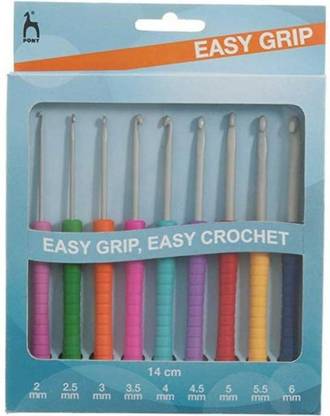 Pony Crochet Hooks with Comfortable Shaped Soft Handle(2 mm, 2.5 mm, 3 mm, 3.5 mm, 4 mm, 4.5 mm, 5 mm, 5.5 mm, 6 mm) -Set of 9
