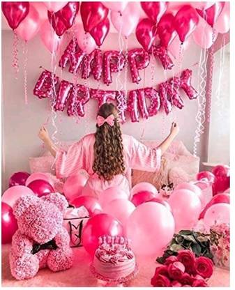 JEENAL TRENDS Solid HAPPY BIRTHDAY PINK FOIL BALLOON 13 PCS ,50 PCS HD METALLIC BALLOONS PINK AND LIGHT PINK , PUMP AND RIBBON SET OF 65 PCS Balloon