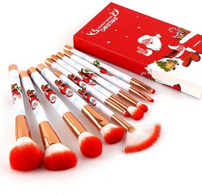 Roslet Christmas Style Makeup Brushs Set, 10 Makeup Brushes, Santa Claus, Soft Synthetic Bristle, Suitable for Blush, Foundation, Eyebrows, Eye Shadow and Lips, Christmas Gifts (red)