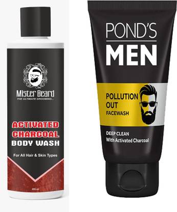 Mister Beard Activated Charcoal Body Wash 200ML with Pond's Men Pollution Out Activated Charcoal Deep Clean Facewash 100g
