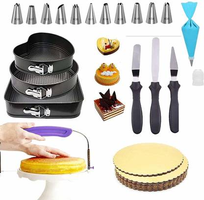 Greenstone 3 in 1 Multiple Shape Cake Non Stick Pan Tray Easy Washable Cake Mould, 12 Piece Cake Decorating Nozzle Set, 3 in 1 Spatula Knife Set, Bread Slicer Cutter, 5 pcs Cake Board Kitchen Tool Set