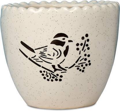 Bright Shop Gol Ashwani Flower Pot With Top Gear Lines,Sparrow And Tree Printed (Color: White ) Plant Container Set (Ceramic) Plant Container Set