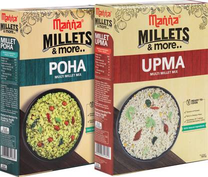Manna Instant Millet Breakfast - Combo Pack of 2 - Ready to Eat Millet Poha (180g), Millet Upma (180g) - 3 Servings per pack. 100% Natural - No Preservatives/ No Artificial colour or flavours. 180 g