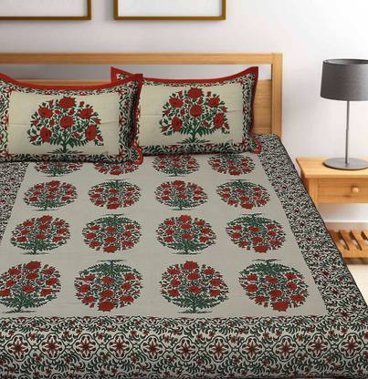 KKS Collections 200 TC Cotton Double, Queen, King Jaipuri Prints Flat Bedsheet