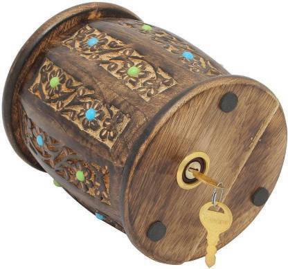 Smarts collection wooden Money Box Barrel Shape - Savings Banks Wood Carving Handmade - Piggy Bank Craft - Coin Bank (Brown, Gold) Coin Bank (Brown) Coin Bank