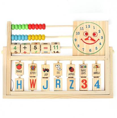 Trinkets & More Wooden Multifunctional Flap| Board Arithmetical Abacus Counting Beads | Smiling Face Clock | Elementary Educational Toy for Kids 2+ Years