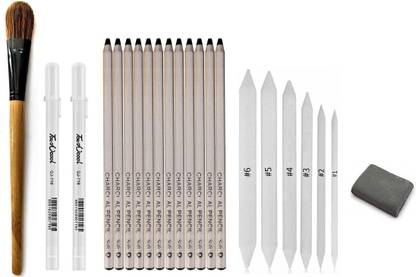 Definite Art Bianyo Black Natural Charcoal Pencils for Drawing and Sketching (Pack of 12) with Paper Art Blending Stump or Tortillon (Pack of 6), One 22Cm Blending Foundation Brush and 2 X White Pens for Highlighting and Reflection Effect and One Kneadable Eraser; Ideal Drawing Set for Students, Professionals, Artists