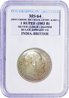 ANTIQUEWAY PCG GRADED MS64 1 RUPEE 1903 EDWARD VII BOMBAY MINT ERROR:DIE CRACK AT OBV. & REV. BRITISH INDIA COIN Medieval Coin Collection