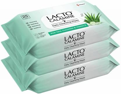 Lacto Calamine Daily Cleansing Face Wipes with Aloe Vera, Cucumber and Vitamin E (75 wipes) Pack of 3