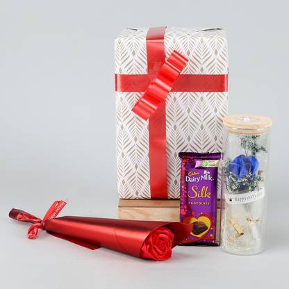 Ferns N Petals Gift Hamper Of Artificial Red Rose Bouquet, Cadbury Chocolate, Glass Gift Box With Led Light With Combo