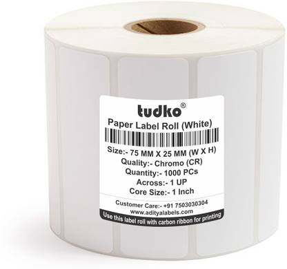 tudko 75 mm X 25 mm (White) Barcode Paper Labels, 1000 Labels in Roll, Print with Carbon Ribbon, Set of 1 Roll, Self Adhesive Paper Label