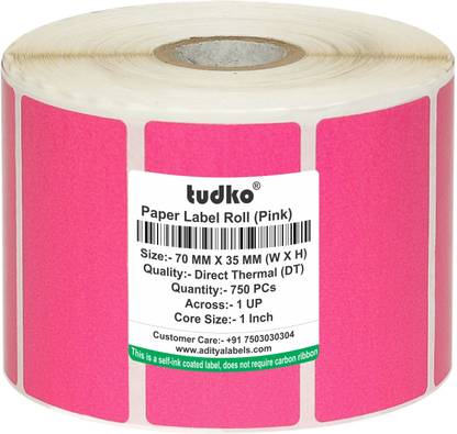 tudko 70 mm X 35 mm (Pink) Barcode Paper Labels, 750 Labels in Roll, Self-Ink Coated Label, Does Not Require Carbon Ribbon, Self Adhesive Paper Label