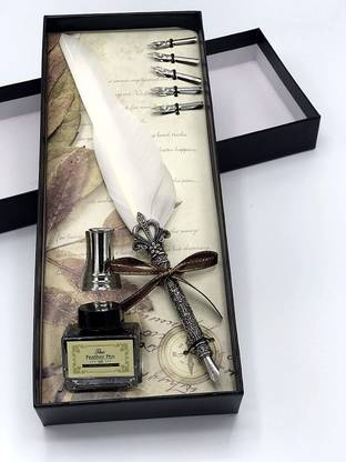 Gold Leaf Feather pen White-01 Dip Feather Pen Set Calligraphy Pen Set Writing Quill Ink Dip Pen with 5PCs Nib White Calligraphy