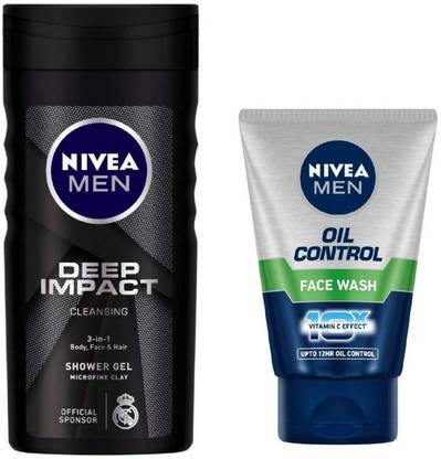 NIVEA Men Deep Impact Shower Gel 250 Ml & Men Oil Control Face Wash 100 Ml (Pack Of 2) # 38